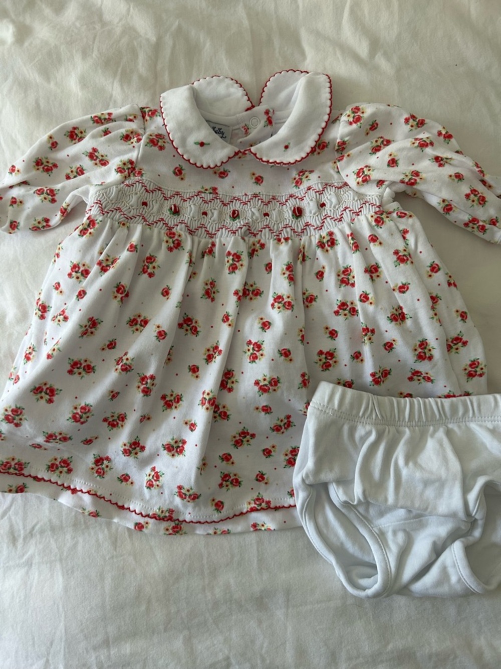 Magnolia Baby Smocked Dress Pima Cotton White Red Floral 3M Baby Girl